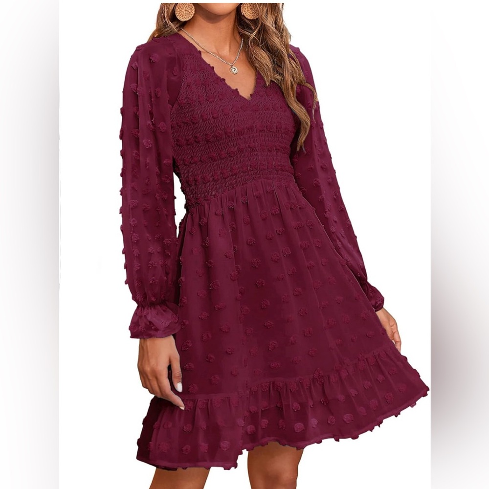 Smocked v neck textured dress